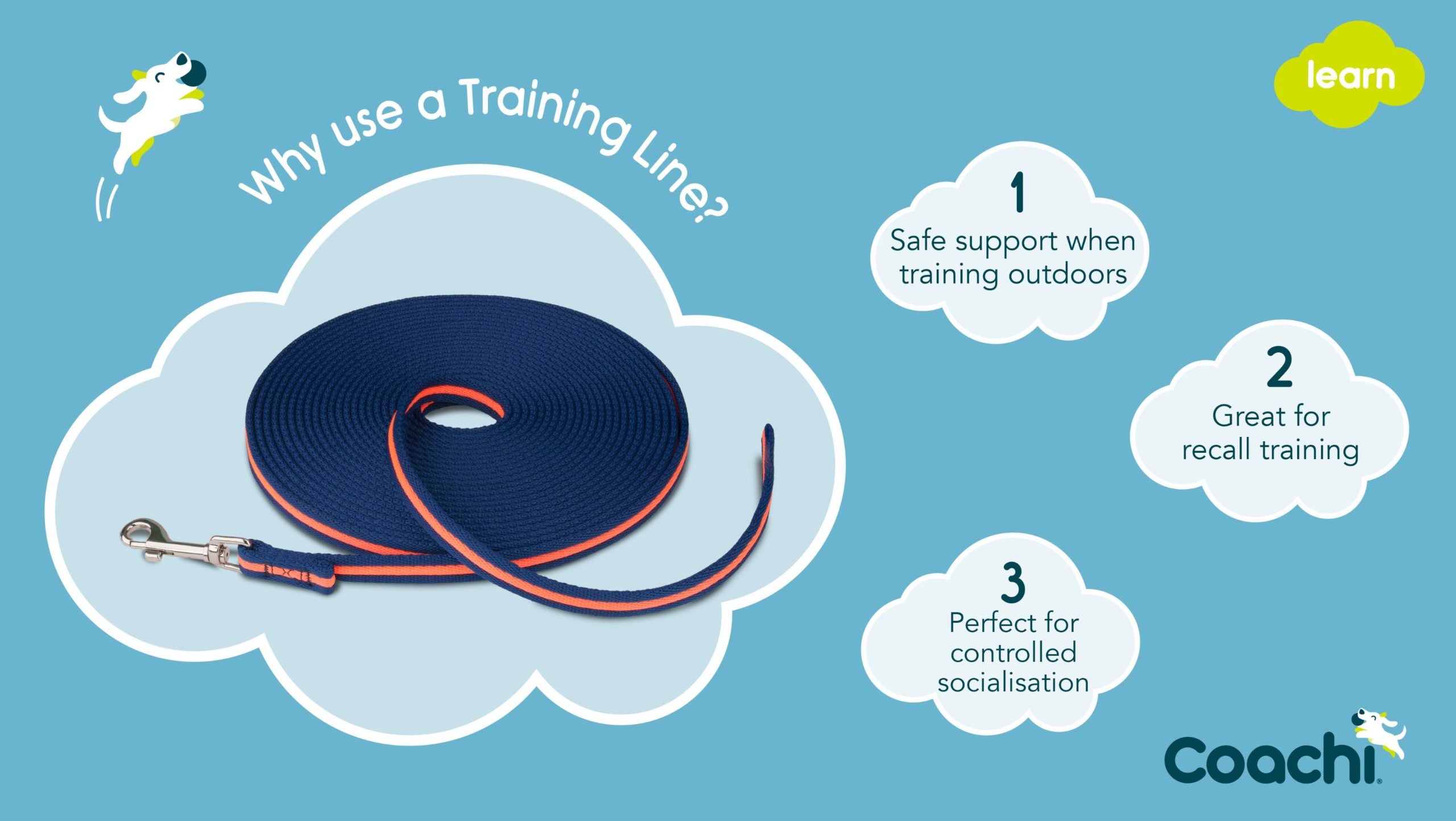 10m navy and coral outdoor training leash. Perfect for controlled dog socialisation.