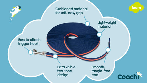 Lightweight dog line with easy grip cushioned webbing and extra visible two-tone design.