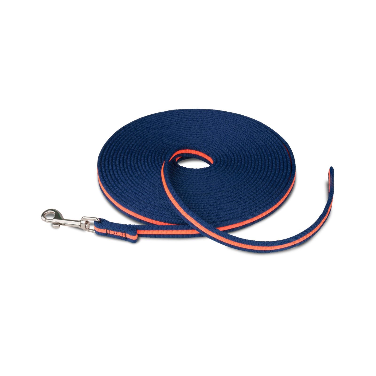 Navy and coral 10m recall dog coaching leash with stainless steel clip.