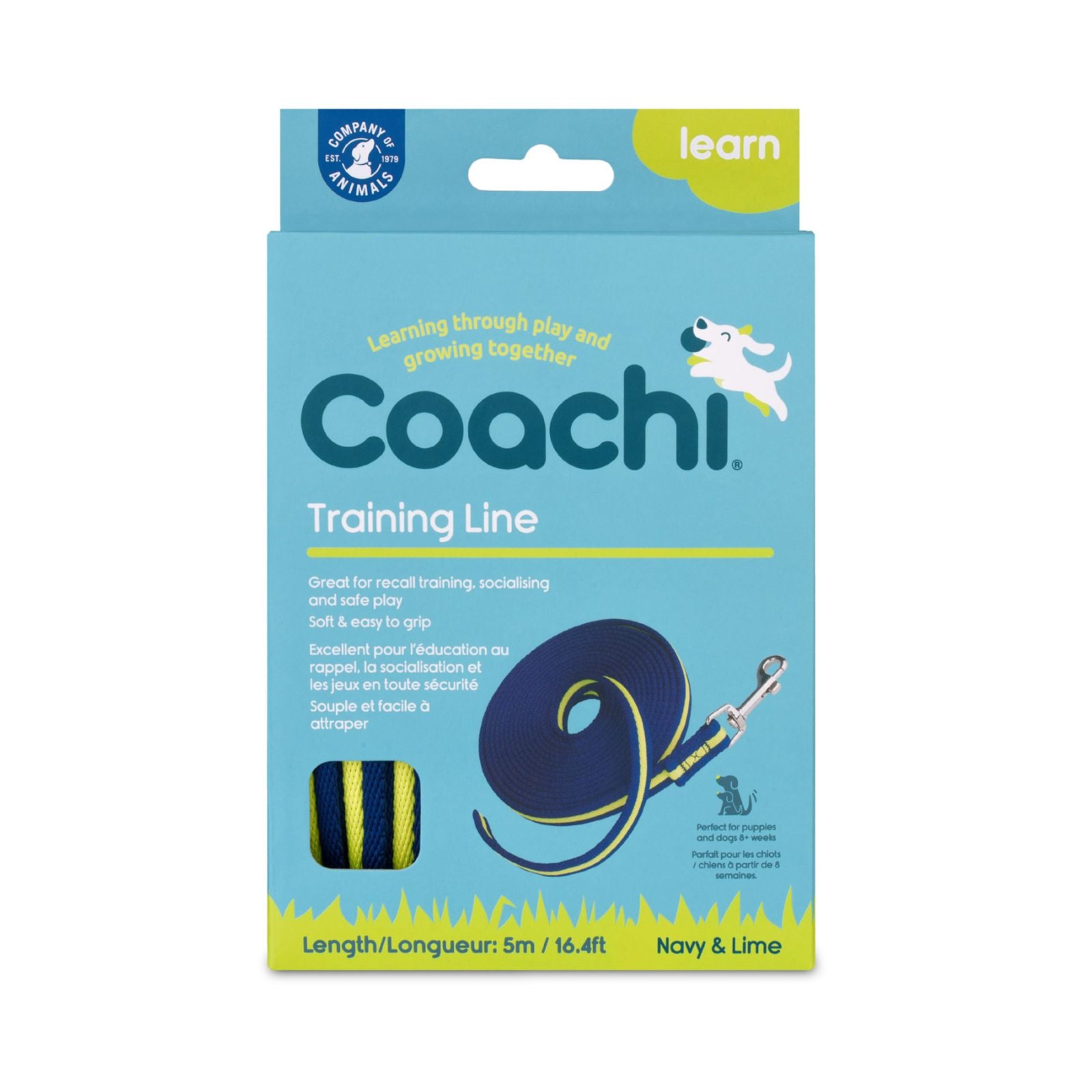 COACHI Training Line retail pack. 5m recall lead for dogs. 