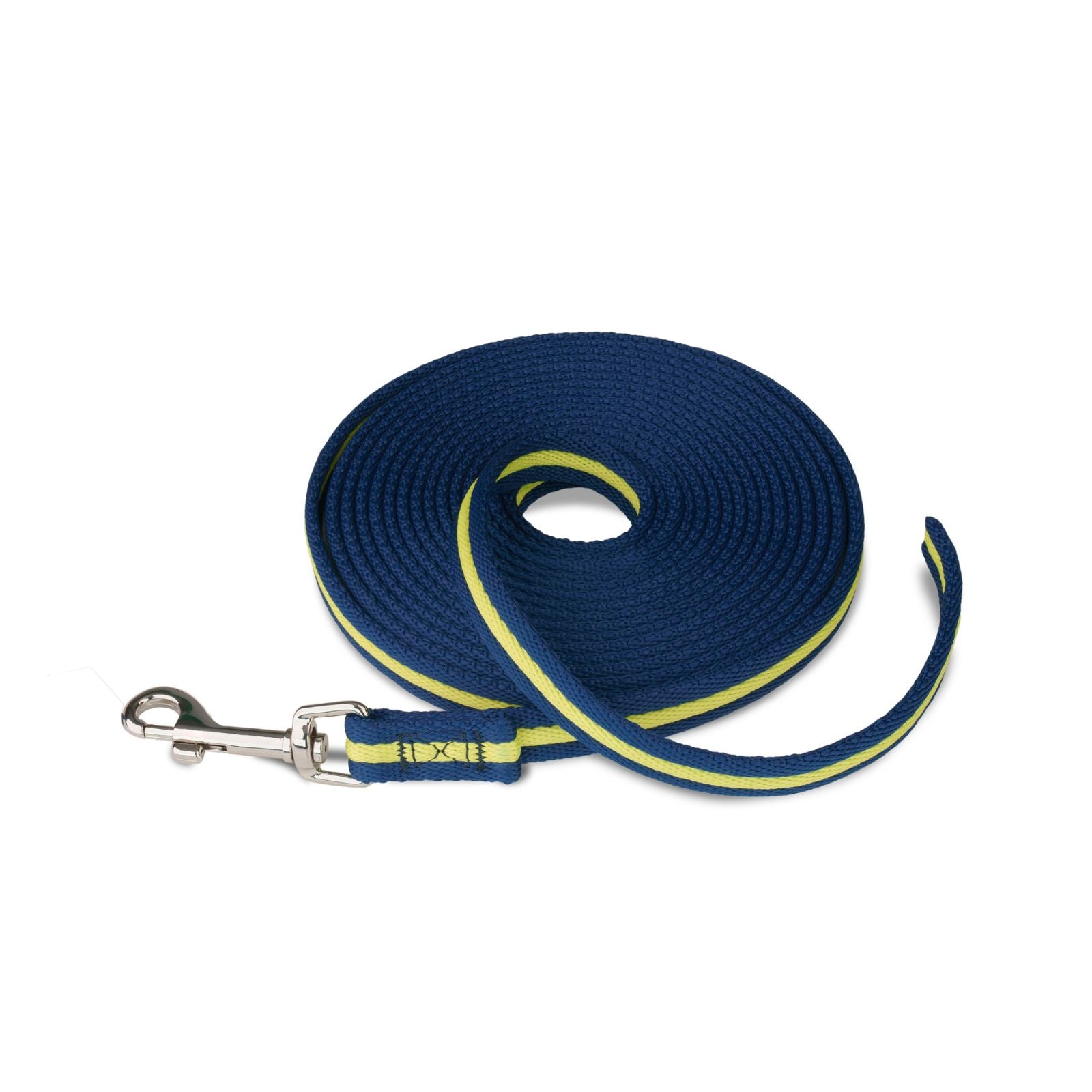 Navy and lime 5m recall dog coaching leash with stainless steel clip.