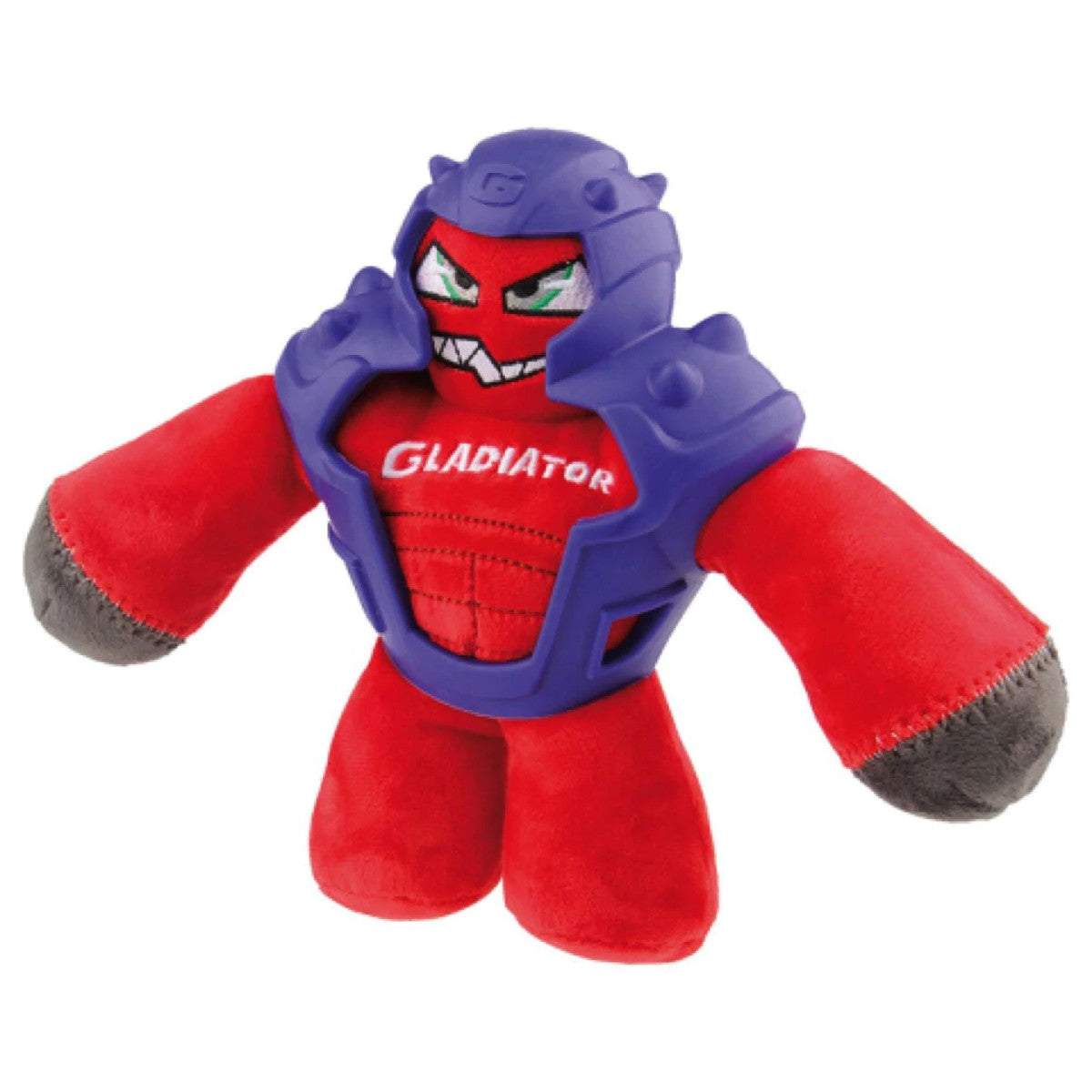 GiGwi Gladiator Plush Red Dog Toy with purple non-toxic rubber body armour.