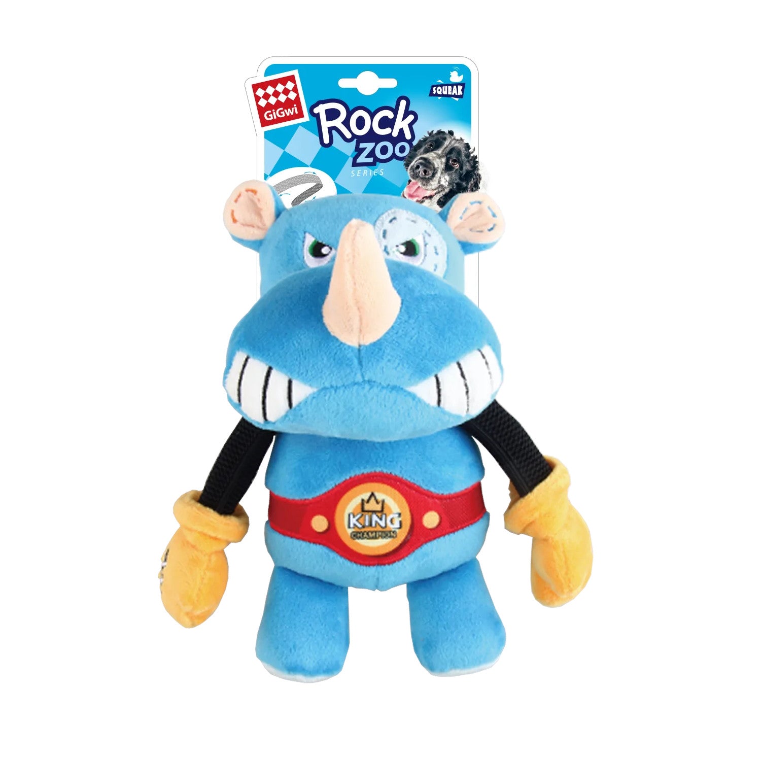 GIGWI Rock Zoo Rhino King Boxer Dog Toy with Squeakers