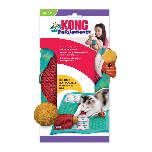 KONG Cat Puzzlements Pockets in retail packaging – interactive enrichment toy for curious cats with multiple treat pockets.