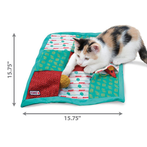 Dimensions of KONG Cat Puzzlements Pockets – size guide for interactive treat and crinkle toy for cats.