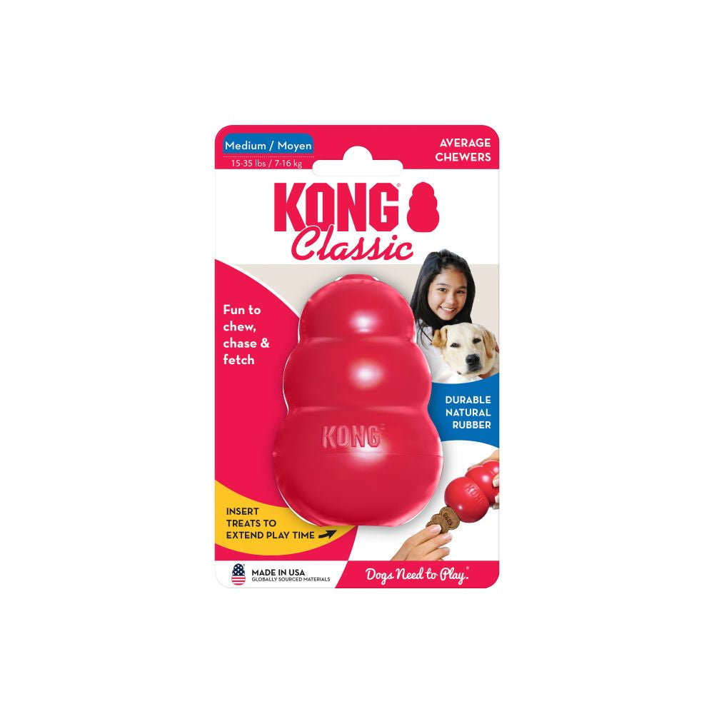 KONG Classic Red Rubber dog toy medium size for dogs 7kg to 16kg.