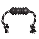 A black KONG Extreme Rubber Dental Toy connected to a tough rope, designed for dogs who love to tug and chew.