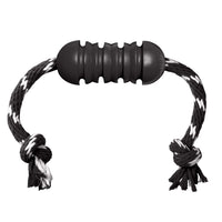 A black KONG Extreme Rubber Dental Toy connected to a tough rope, designed for dogs who love to tug and chew.