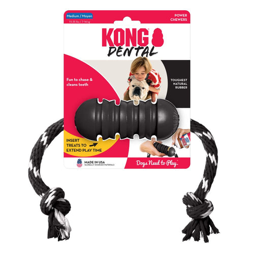 KONG Dental Toy with a thick black and white rope, displayed in its original packaging, highlighting its toughness and natural rubber material.