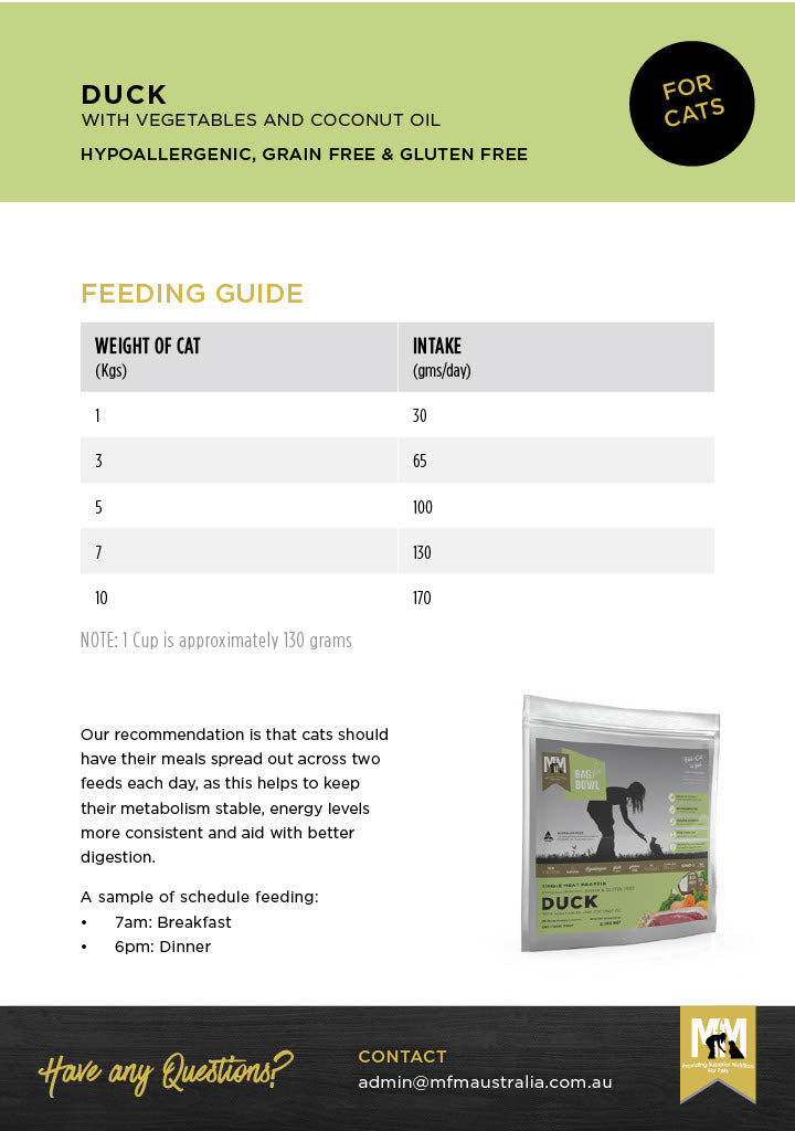 Feeding Guide for cats - MFM Duck Hypoallergenic, grain-free cat food.
