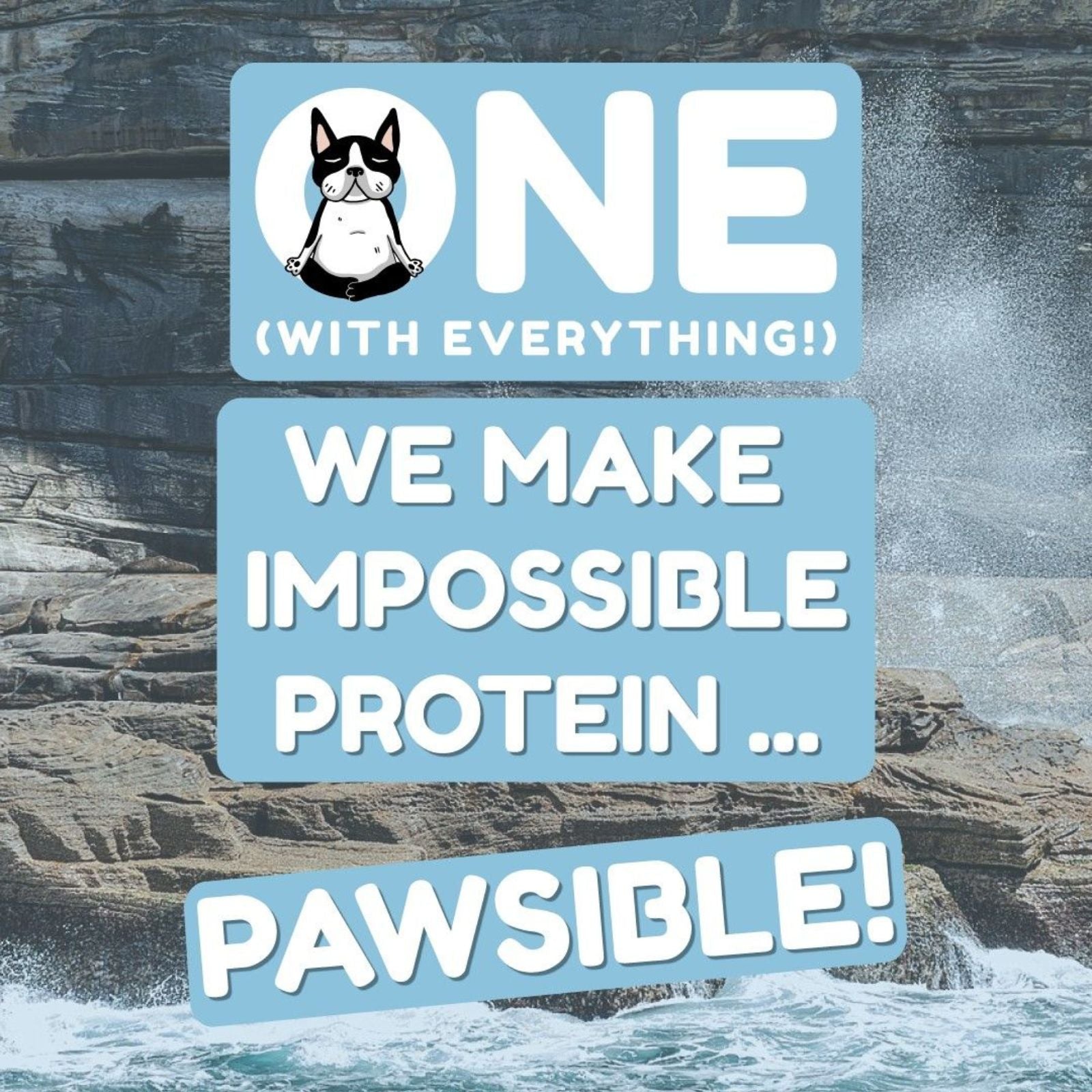 Tile advertisement for One with Everything dog treats with the tagline "We make impossible protein... Pawsible!" The branding for One with Everything is also displayed.