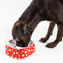 PETKIT Smart Antibacterial Digital Pet Bowl, featuring a digital scale and a dog eating. Red and white polka dot design.