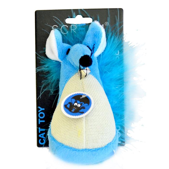 Loud Blue Scream Fatty Mouse Cat Toy with Feather Tails and Catnip