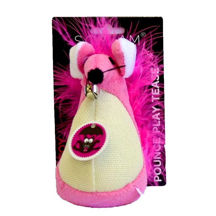 Loud Pink Scream Fatty Mouse Cat Toy with Feather Tails and Catnip