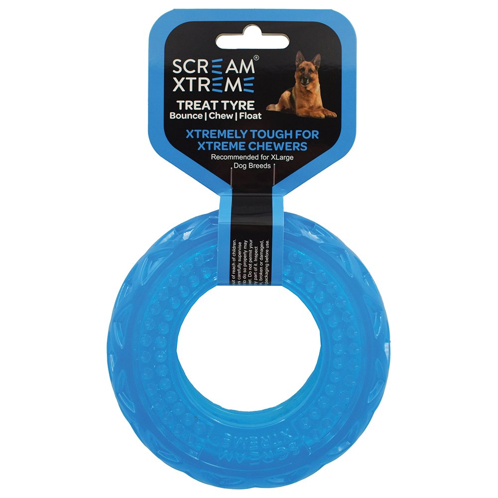 Scream Xtreme Treat Tyre Loud Blue - Extra Large Durable Dog Toy.