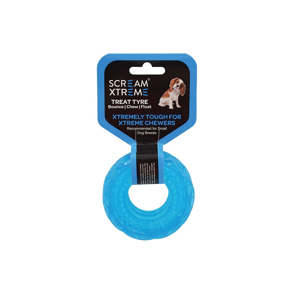 Scream Xtreme Treat Tyre Loud Blue - Small Durable Dog Toy.