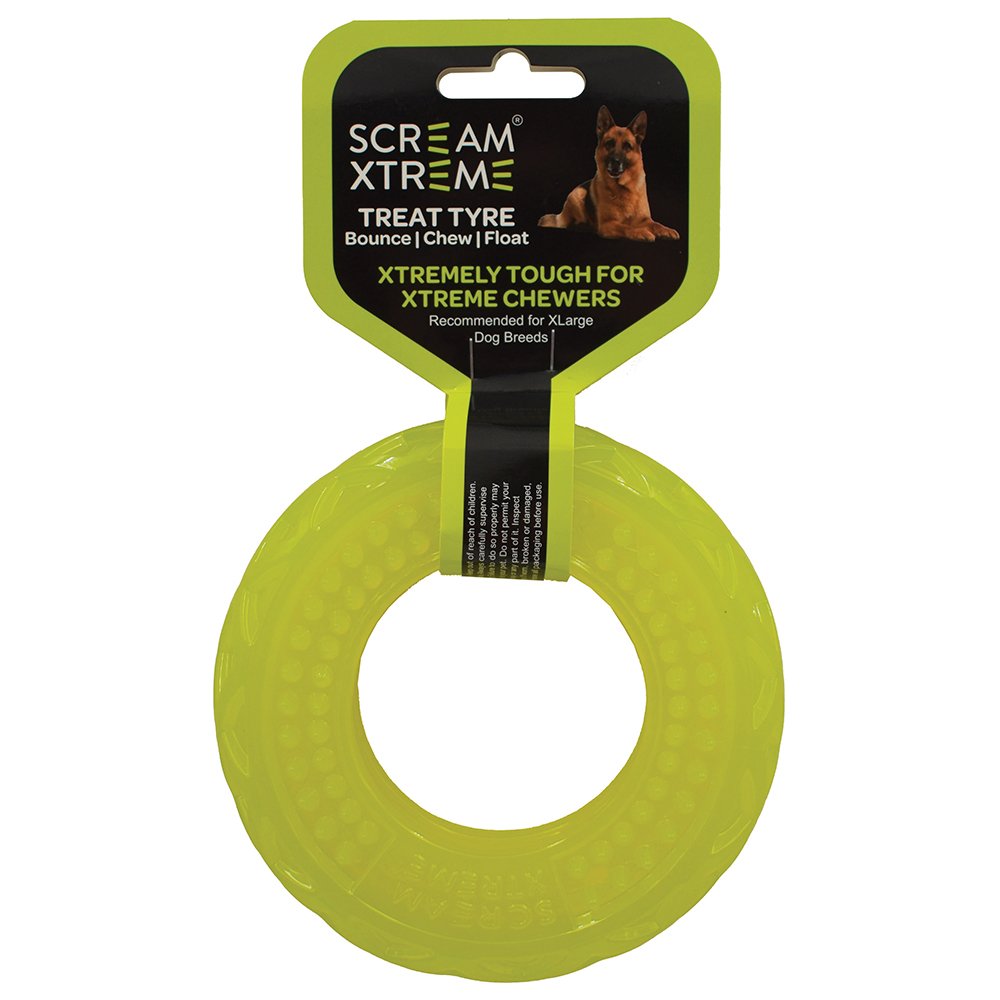 Scream Xtreme Treat Tyre Loud Green - Extra Large Durable Dog Toy.