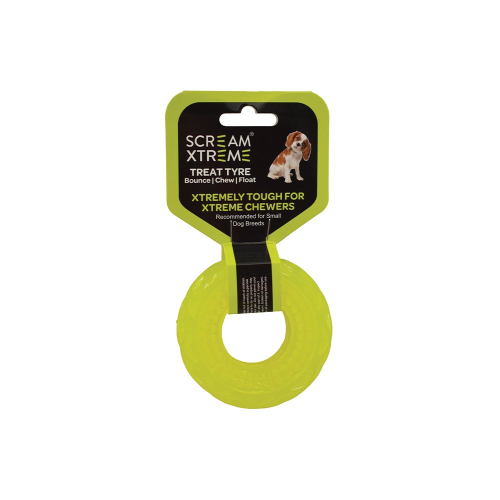 Scream Xtreme Treat Tyre Loud Green - Small Durable Dog Toy.