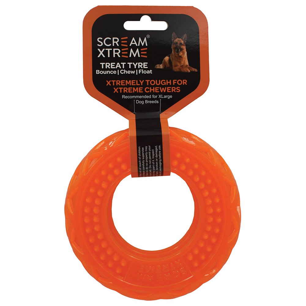 Scream Xtreme Treat Tyre Loud Orange - Extra Large Durable Dog Toy.