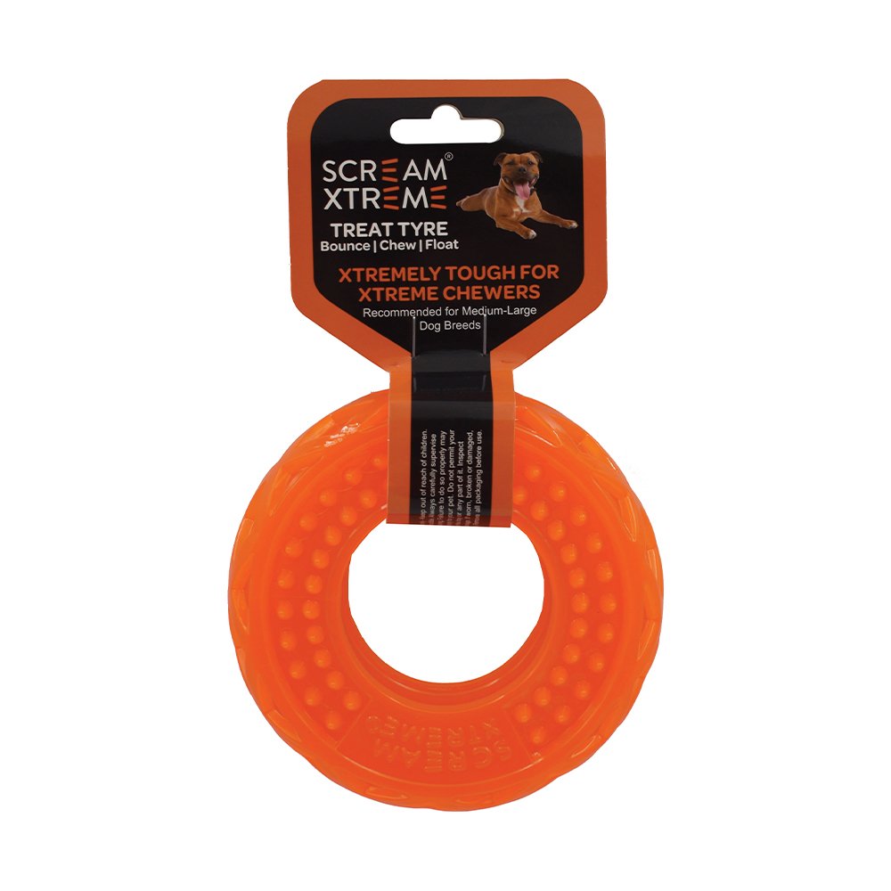 Scream Xtreme Treat Tyre Loud Orange - Medium/Large Durable Dog Toy.