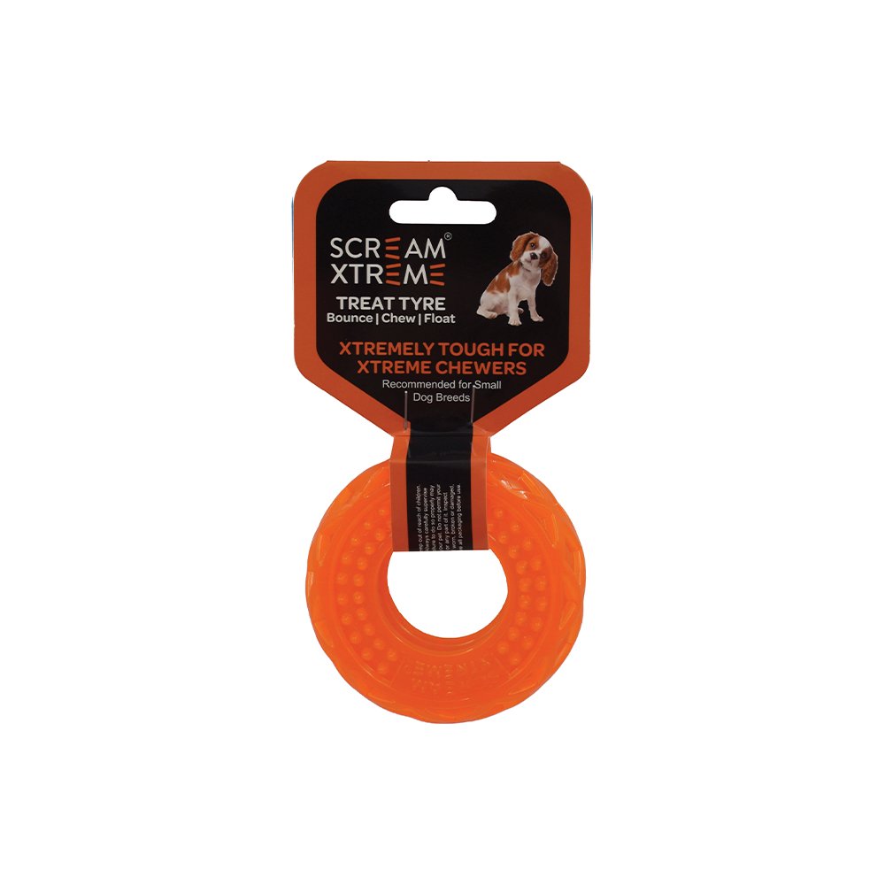 Scream Xtreme Treat Tyre Loud Orange - Small Durable Dog Toy.