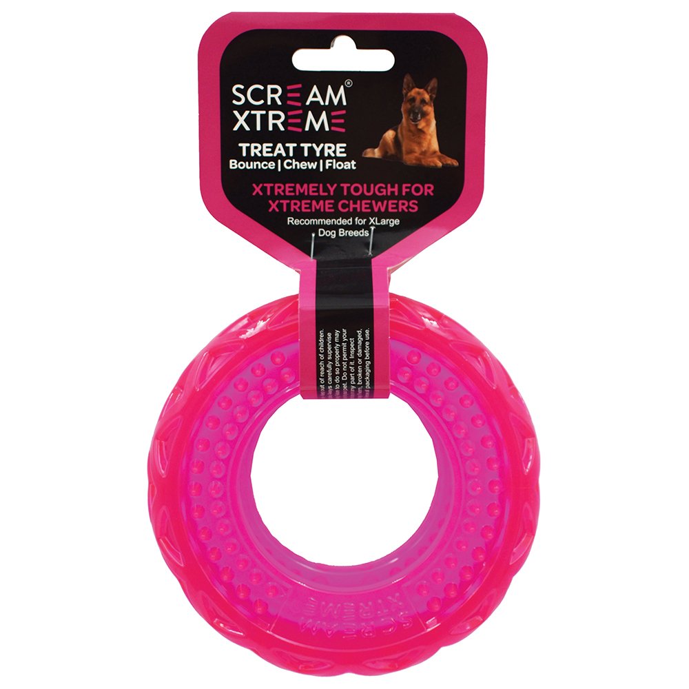 Scream Xtreme Treat Tyre Loud Pink - Extra Large Durable Dog Toy.