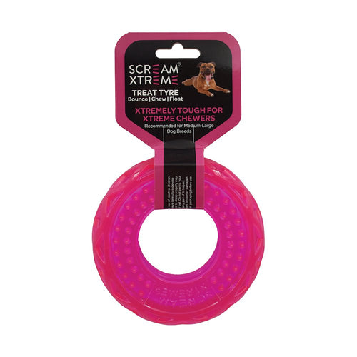 Scream Xtreme Treat Tyre Loud Pink - Medium/Large Durable Dog Toy.