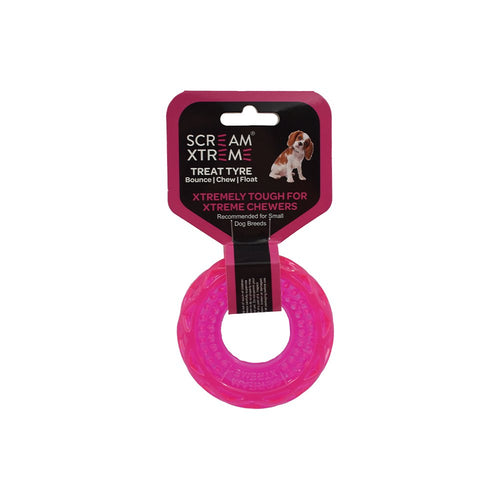 Scream Xtreme Treat Tyre Loud Pink - Small Durable Dog Toy.