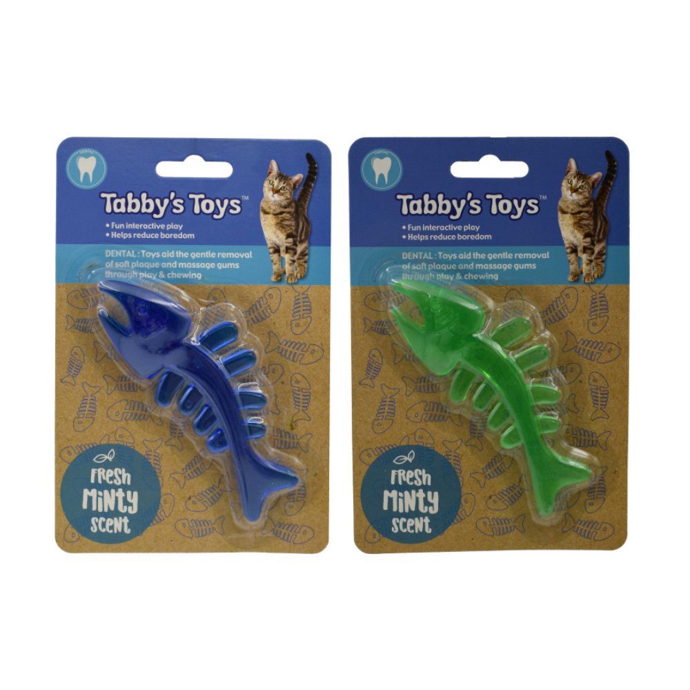 Tabby's Toys Fish Skeleton Interactive Dental Cat Toy. Available in blue and green.