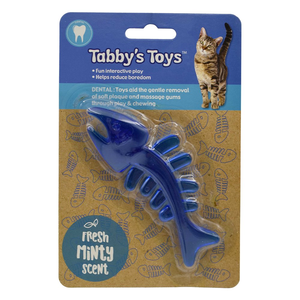 Tabby's Toys Blue Fish Skeleton Dental Cat Toy.