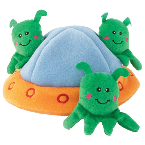 ZippyPaws Aliens in UFO Burrow Dog Toy. Featuring three adorable embroidered faced little green aliens.