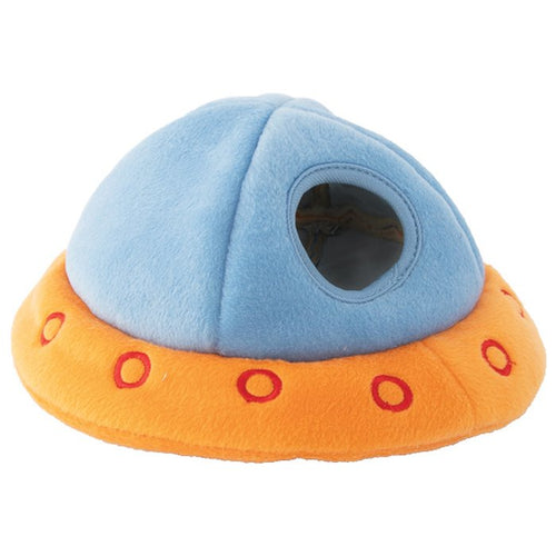 ZippyPaws UFO Burrow Plush Dog Toy with Aliens hiding inside. Colour blue and orange