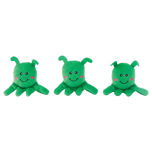 Three green plush alien dog toys with embroidered black faces. By ZippyPaws.