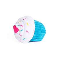 Plush cupcake dog toy with blue base, white frosting, colourful sprinkles, and a heart on top, perfect for playful pups.