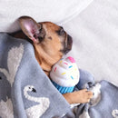 Sleepy bulldog under a light grey blanket snuggled up with its ZippyPaws Blue Cupcake Dog Toy.