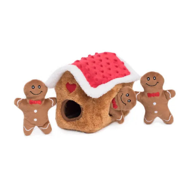 ZippyPaws Festive Holiday Burrow Gingerbread House Interactive Dog Toy