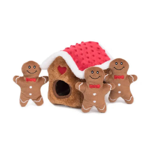 ZippyPaws Festive Holiday Burrow Gingerbread House Interactive Dog Toy