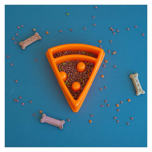 Orange coloured ZippyPaws Happy Bowl Pizza Slow Feeder for Dogs featuring dry dog food.