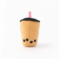 Back view of a black and brown ZippyPaws Boba Milk Tea Dog Toy with a pink straw.