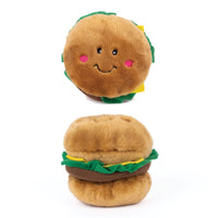 Top and side views of the ZippyPaws Hamburger Dog Toy featuring a happy embroidered face.