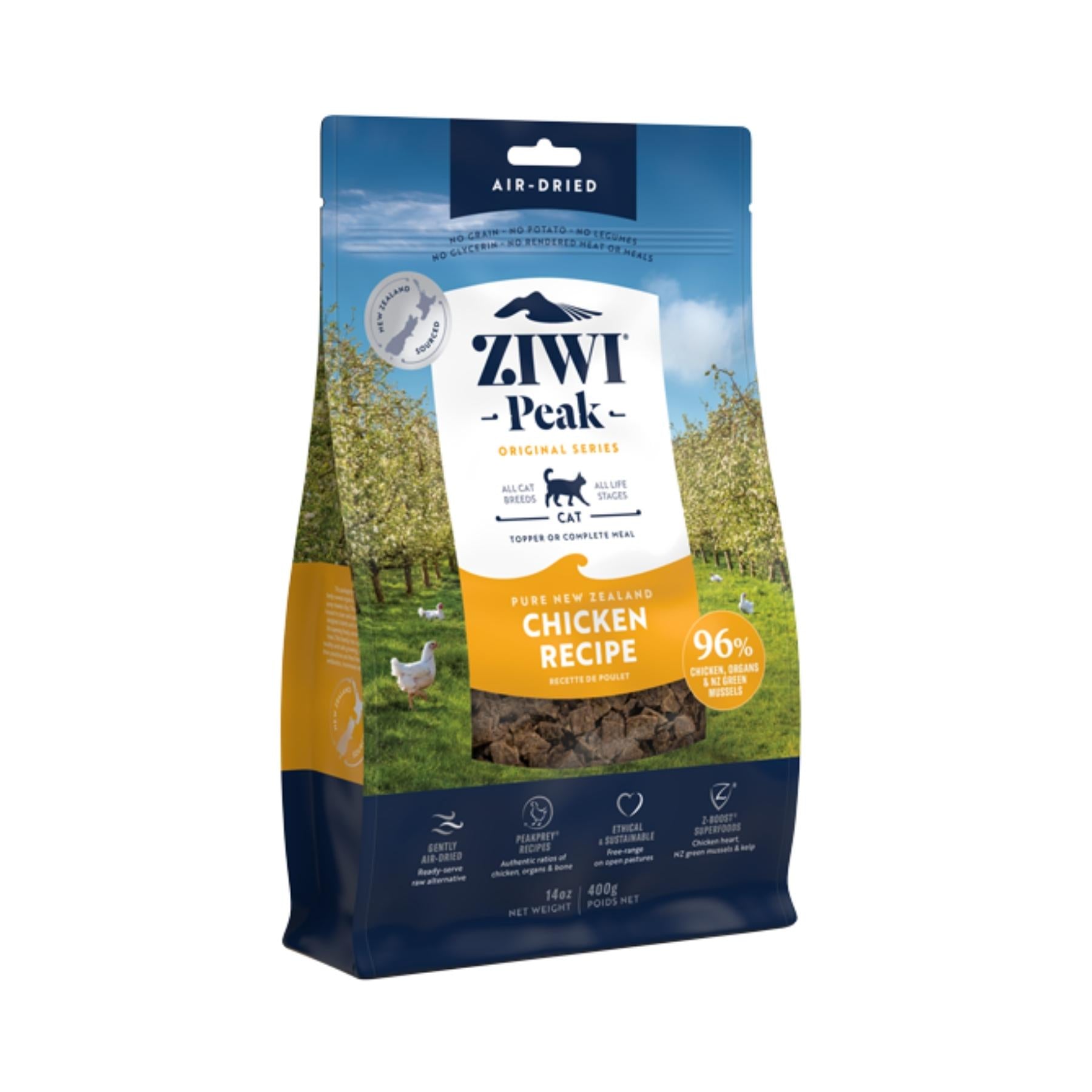ZIWI Peak Dry Cat Food Chicken Recipe 400g bag - front view.