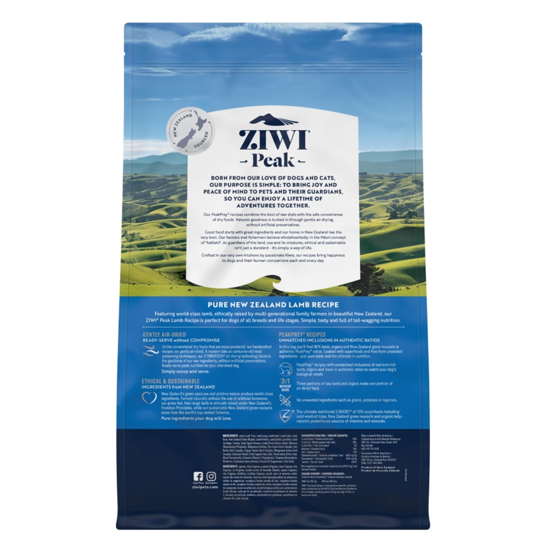 ZIWI Peak Dry Dog Food Lamb Recipe Back of Pack.